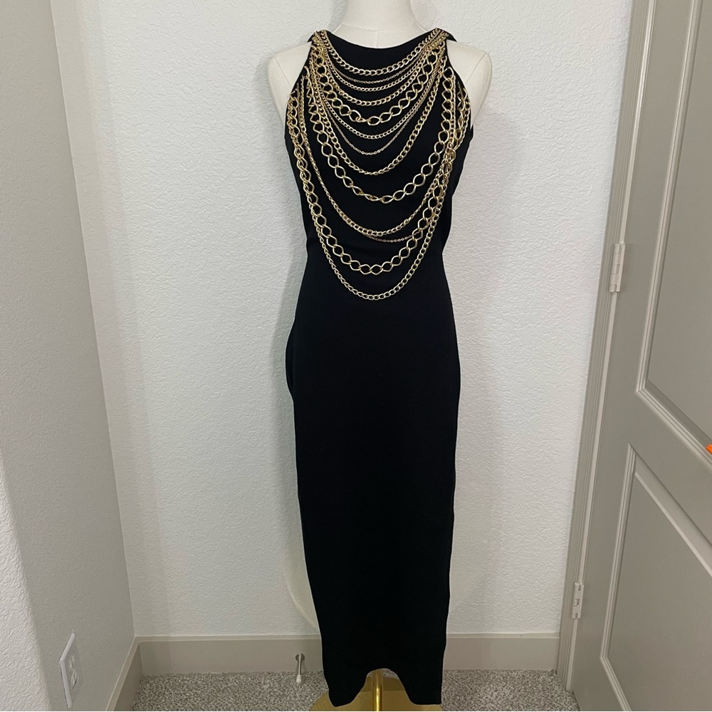 Andrea Jovine Black Dress with Gold Chain Detail